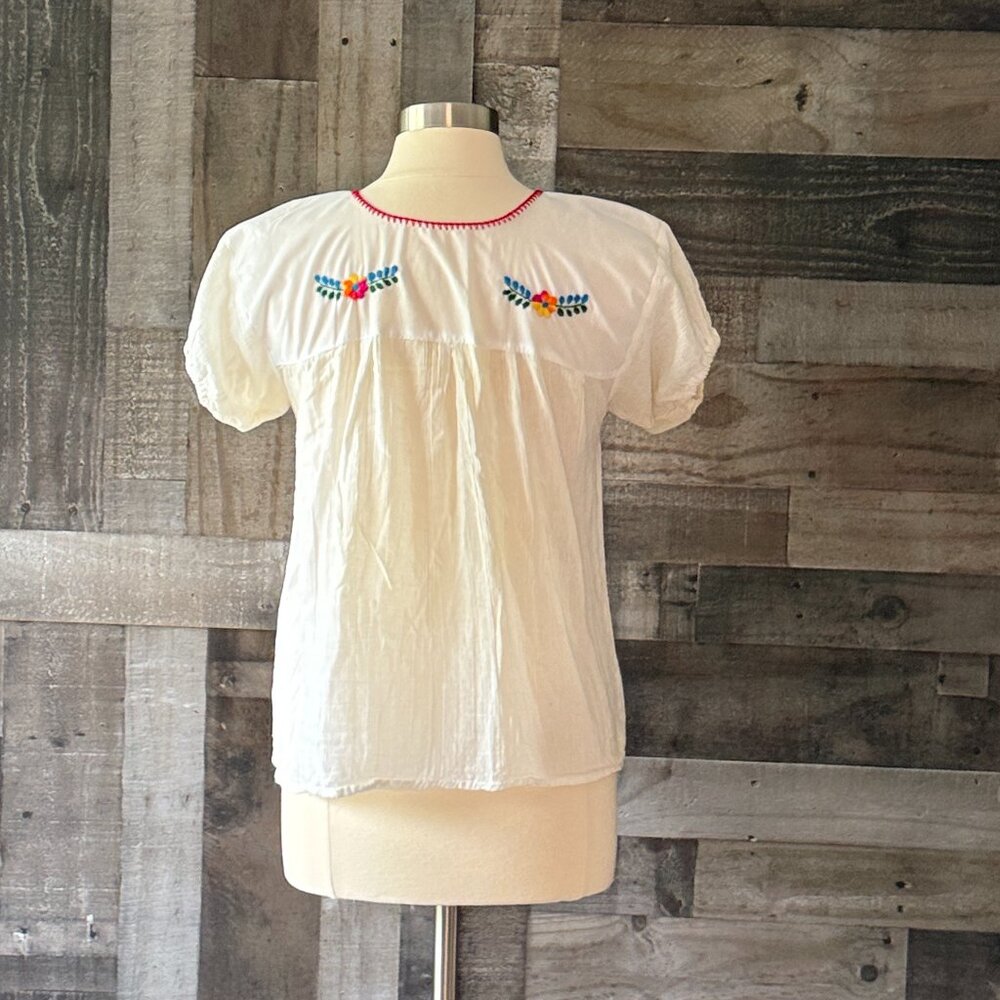 White puff sleeves feista top medium rainbow floral embroidery festival party - Picture 7 of 10
